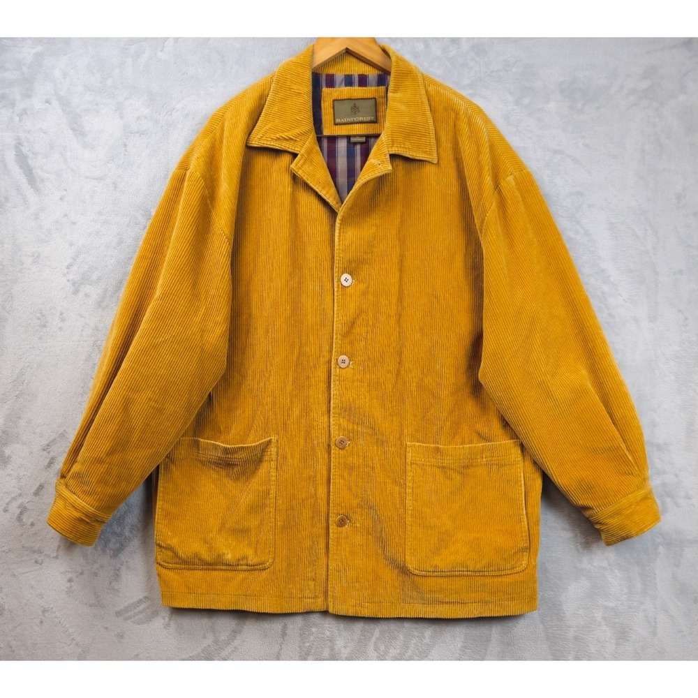 Vtg Rainforest Mustard Yellow Thick Corduroy Jacket Men XL 90s Overcoat Lined